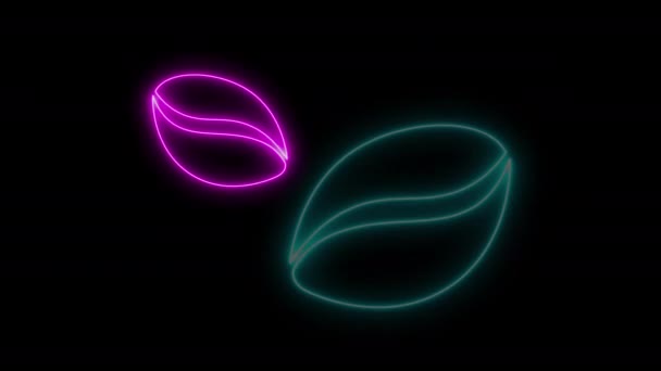 Verlichte Gloeiende Neon Koffiebonen Tekens Neon Cafe Tekens Animatie Geïsoleerd — Stockvideo