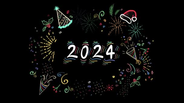 Καλή Χρονιά 2024 Σχεδίαση Κινουμένων Σχεδίων Χειροποίητο Doodle Style Πρωτοχρονιά — Αρχείο Βίντεο