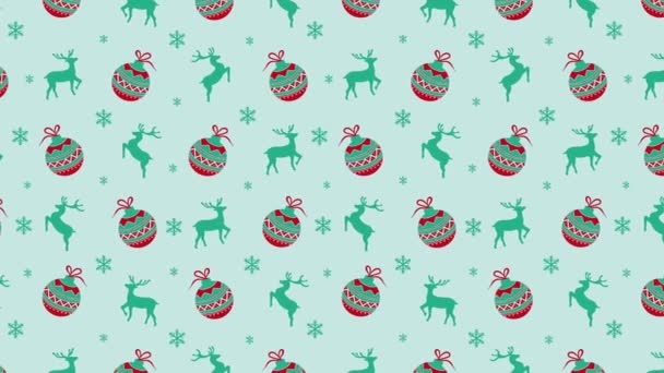4K动画装饰圣诞和新年背景圣诞装饰轮廓球 鹿和雪片纹理在淡蓝色背景节日贺卡背景模板 — 图库视频影像