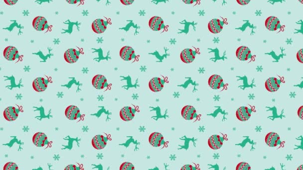 4Kアニメーションの装飾的なクリスマスと新しい年の背景クリスマスの装飾的なシルエットボール パステルブルーの背景の休日の挨拶カードの背景テンプレート上の鹿や雪片のテクスチャ — ストック動画