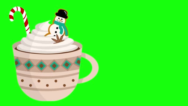 Feliz Natal Animado Bonito Caneca Cacau Quente Café Com Ornamentos — Vídeo de Stock