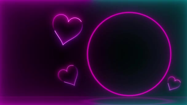 Świecące Różowe Neonowe Serca Okrągłą Neonową Ramką Animacja Czarnym Tle — Wideo stockowe