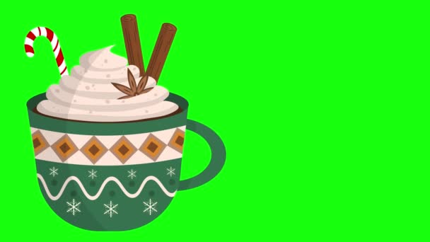 크리스마스 애니메이션 크로마 화면에 장식으로 뜨거운 코코아 커피의 귀여운 — 비디오
