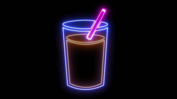Animated Neon Illuminated Fresh Juice Cup Isolated Black Background — Stock Video