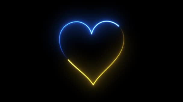 4K动画霓虹灯线打心图标与粉红霓虹灯效果分离的黑色背景 情人节设计元素 发光的霓虹灯的心脏 明亮的蓝黄相间的心形 — 图库视频影像