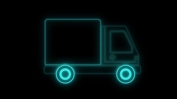 カラフルなネオンラインの輝く配達貨物トラックのアイコンは黒い背景に隔離されます — ストック動画