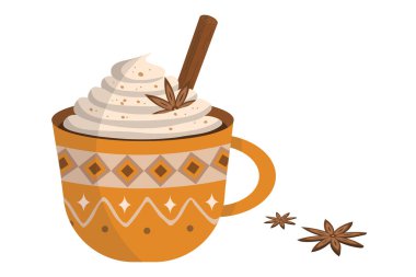 Sıcak kakaolu dekoratif kupa ya da çikolatalı kremalı kahve, tarçın ve yıldız anason. Beyaz arkaplanda izole