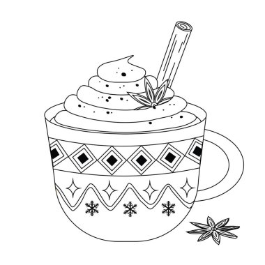 Sıcak kakaolu taslak kupa ya da tarçınlı kahve kreması, çikolata parçaları ve beyaz arka planda izole edilmiş anason çiçekleri.