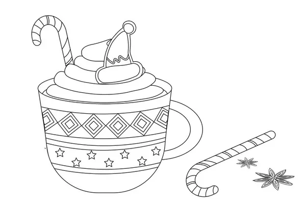 Outline Merry Christmas Ornamental Cute Mug Hot Cocoa Coffee Sweet — Stock Vector