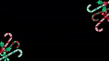 4K Şeker Çubukları ve Holly Böğürtlenleri Kara Arkaplanda tecrit edildi. Yeni yıl ve Noel soyut döngü dikey çerçevesi.