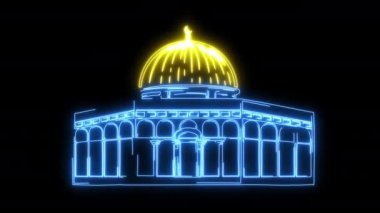 El-Aksa Camii 'nin ya da Filistin' deki El-Kaide 'nin parlak neonları. Tapınak Dağı ikonundaki el çizimi kaya kubbesi siyah bir animasyon arka planında aydınlatılmış taslak tarzında. Din Konsepti