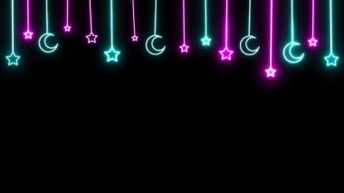4k Neon Parlayan Hilal ve Yıldızlar Canlandırılmış Dekoratif Tasarım Elementleri. Kara Arkaplanda Hilal. Müslüman bayramları için animasyon filmi. Ramazan Kareem Ay ve yıldızları aydınlattı. Yatma zamanı..