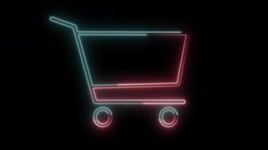 Parlayan neon hattı alışveriş arabası simgesi siyah arka planda izole edildi. E Ticaret, E Pazarlama, Çevrimiçi satın alma konsepti. Servis tabelası. Süpermarket sepeti sembolü. 4K Video hareketli grafik canlandırması.