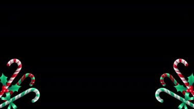 4K Şeker Çubukları ve Holly Böğürtlenleri Kara Arkaplanda tecrit edildi. Yeni yıl ve Noel soyut döngü dikey çerçevesi.