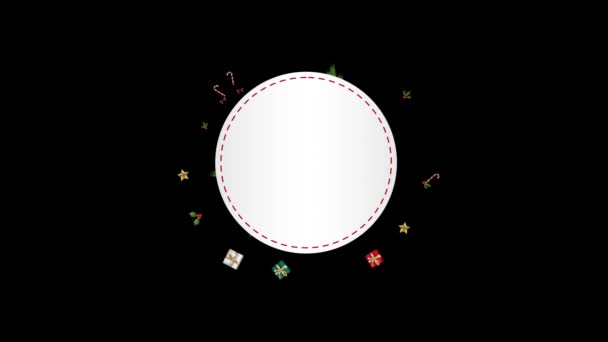 4K动画新年装饰卡片模板圣诞装饰现实的装饰 圣诞花圈装饰糖果手杖 冬青浆果 礼物和明星新年运动框架设计 — 图库视频影像
