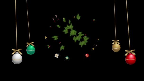 4K动画2024新年快乐装饰设计 圣诞现实的装饰 圣诞花环装饰糖果手杖 冬青浆果 礼物和星星 新年活动卡片设计 — 图库视频影像