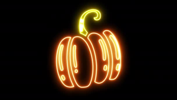 Neon Glowing Scary Smiling Halloween Pumpkin Isolated Black Background Illuminated — Stock Video