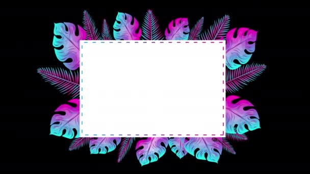 动画黑色星期五矩形框架与旋转明亮的霓虹灯热带棕榈叶框架霓虹灯框架霓虹灯框架动画现代时尚超级市场购物横幅模板 — 图库视频影像