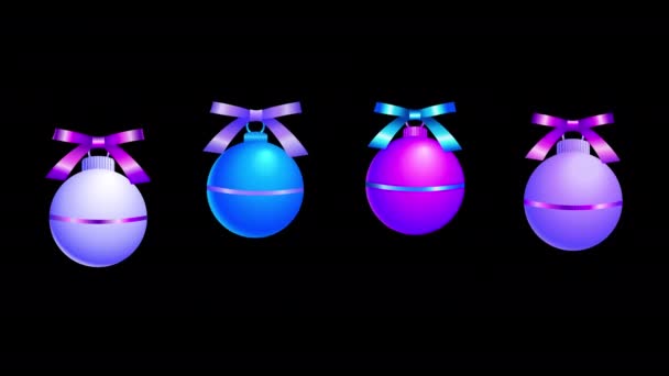 3D现实的霓虹灯挂着圣诞球动画加载元件隔离在黑色背景装饰圣诞球饰物包装圣诞树球悬挂和移动卡片模板 — 图库视频影像