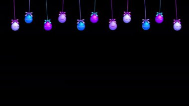 3D gerçekçi neon asılı 4K Noel topları siyah arka plan dekoratif Noel Baloları süsleri üzerinde dönüyor ve izole edilmiş Noel Ağacı Topları Kart Şablonu İçin Asılı ve Taşınıyor.