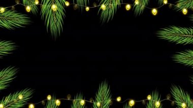 4K Tasarım Noel ağacı şablon dizaynı için döner. Yeni yıl kartı ya da afiş şablonu siyah arka planda yeni dallar şeklinde döner çam ağacı. Tatil Şablonu. Parlayan Led ampulleri
