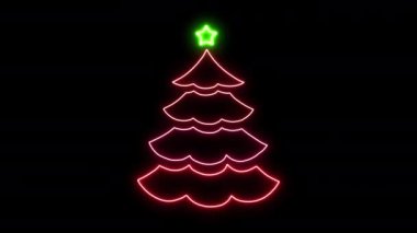 Siyah Arkaplanda Parlayan Neon Noel Ağacı. Neon, Noel 'in soyut döngü geçmişini aydınlattı. Yeni yıl ve tatil modern kutlama kartı şablonu. Neon parlayan ışıklar döngü tasarımı.