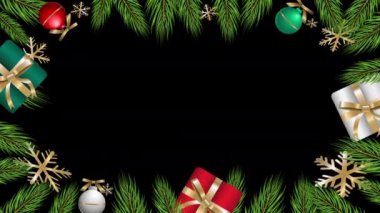 4K animasyon Yeni Yıl Tasarımı ve Noel ağacı Yılbaşı Kara Arkaplan Şablonu Dönen çerçeve Şablonu Şablonu Tasarımı ile Yılbaşı Dekorasyonları ile Gerçekçi Çam Ağacı Taze dalları