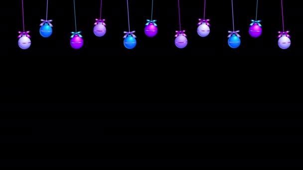3D现实的霓虹灯挂4K圣诞球动画旋转并隔离在黑色背景装饰圣诞球饰物包裹圣诞树球悬挂和移动卡片模板 — 图库视频影像