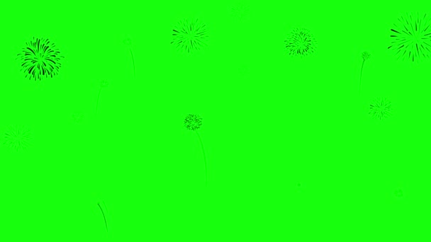 4Kループ新年イブシルエット花火祭りは 緑色のスクリーンモーションで隔離された抽象多色光輝く花火ショーで夜空フェスティバルホリデーセレブレーション — ストック動画
