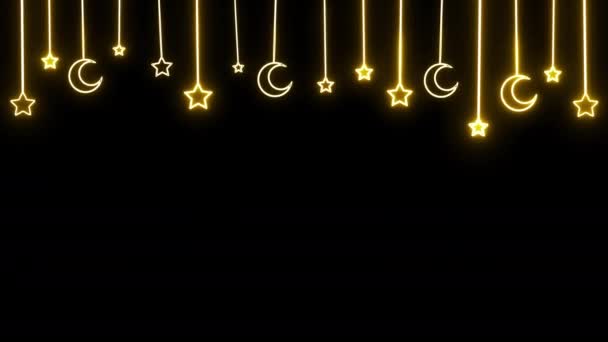 4Kネオングローイングハンギングクレセントとスターは装飾的なデザイン要素をアニメーションしました ブラック バックグラウンドに ムスリムの休日のための動きのアニメーション ラマダン ケアレムは月と星を照らした ベッドタイム — ストック動画