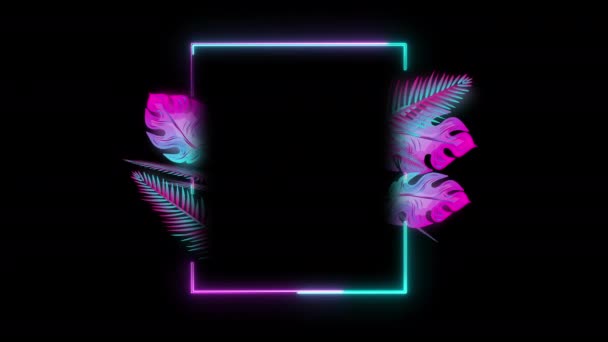 Animated Gloeiende Neon Light Frame Template Met Draaiend Tropisch Palmblad — Stockvideo