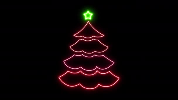 ブラックバックグラウンドで輝くネオンクリスマスツリー ネオンはクリスマスの抽象的なループの背景を照らしました 新しい年と休日のモダンなお祝いのカードテンプレート ループデザインを回転させるネオン輝くライト — ストック動画
