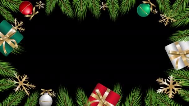 Σχεδιασμός Κινουμένων Σχεδίων Πρωτοχρονιά Και Φύλλα Χριστουγεννιάτικου Δέντρου Χριστουγεννιάτικο Μαύρο — Αρχείο Βίντεο