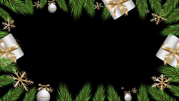 4K动画设计新年和圣诞树叶子与圣诞黑色背板旋转框架模板设计旋转现实松树新鲜树枝与圣诞装饰 — 图库视频影像