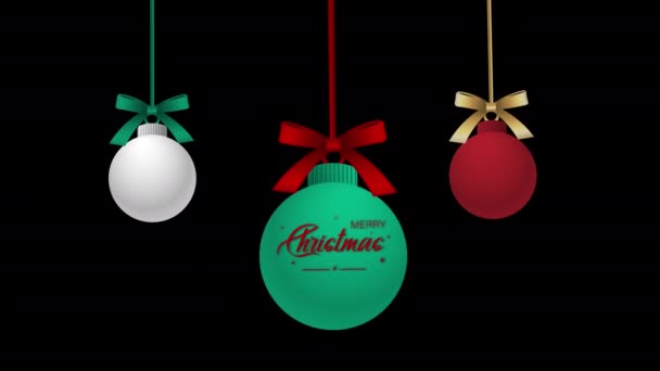 Groen Rood Wit Opknoping Kerstballen Animatie Draaien Zwarte Achtergrond — Stockvideo