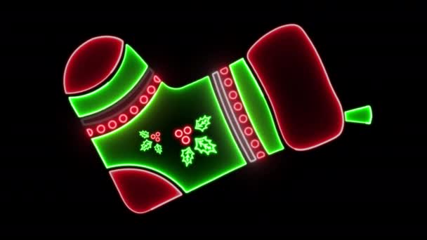 Calcetín Navidad Decorativo Neón Animado Con Bayas Holly Decoraciones Aisladas — Vídeos de Stock