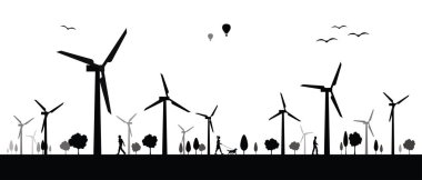 Siyah enerji rüzgar türbinleri vektör illüstrasyonunu sağlar. Teknolojik sürdürülebilir enerji ve Alternatif Enerji kavramı