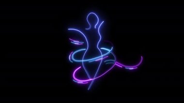 Siyah arka planda yoga yapan neon bir kadın silueti. 