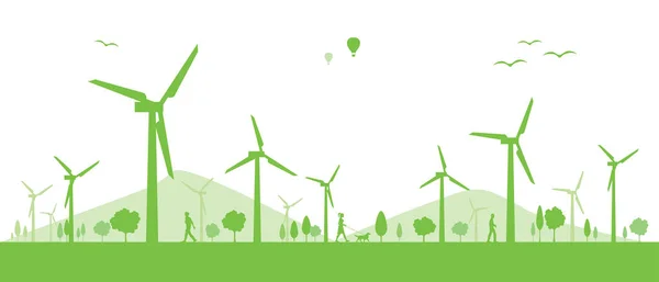 グリーンエネルギー風力タービンベクターイラスト 技術的な持続可能なエネルギーと代替エネルギーのコンセプト — ストックベクタ