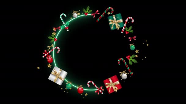 Decoratieve Christmas Wreath Design Met Verlichte Neon Frame Geïsoleerd Zwarte — Stockvideo