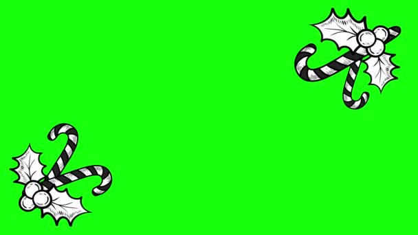 Bastoncini Caramelle Disegnati Mano Bacche Agrifoglio Sfondo Verde — Video Stock