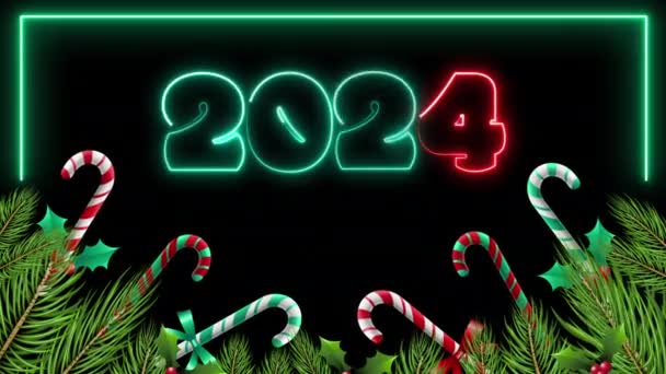2024 Insegna Neon Capodanno Decorazioni Natalizie Sfondo Nero — Video Stock