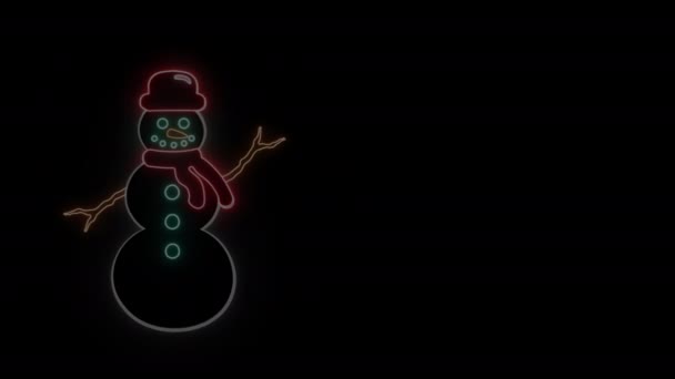Neon Sneeuwman Zwaaien Hand Zwarte Achtergrond — Stockvideo