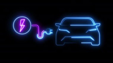 Neon elektrikli araba siyah arkaplanda şarj oluyor