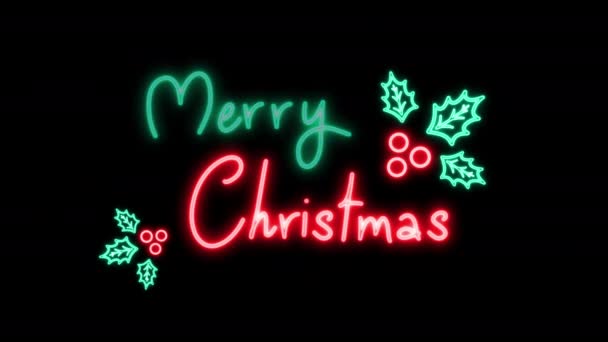 Gloeiende Neon Licht Vrolijk Kerstbrieven Hulst Bessen Geïsoleerd Zwarte Achtergrond — Stockvideo