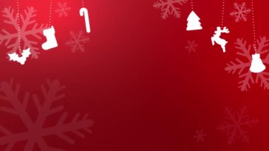 kırmızı Noel arkaplanı, kar taneleri ve asılı süslemelerle 