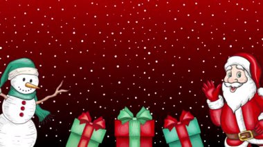 Noel Baba ve Kırmızı Arkaplanda Kardan Adam 'la Yeni Yıl Animasyon Kartı 
