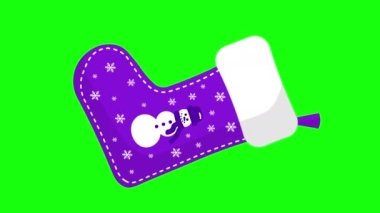 Kar taneli mor Noel çorabı ve Yeşil Kromakey Arkaplanda Dönen Kardan Adam