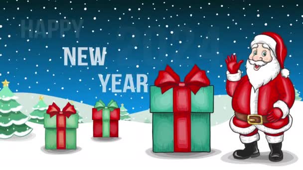 Buon Anno Animato 2024 Biglietto Auguri Con Babbo Natale Regali — Video Stock