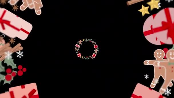Kerst Decoraties Set Rond Frame Geïsoleerd Zwarte Achtergrond — Stockvideo